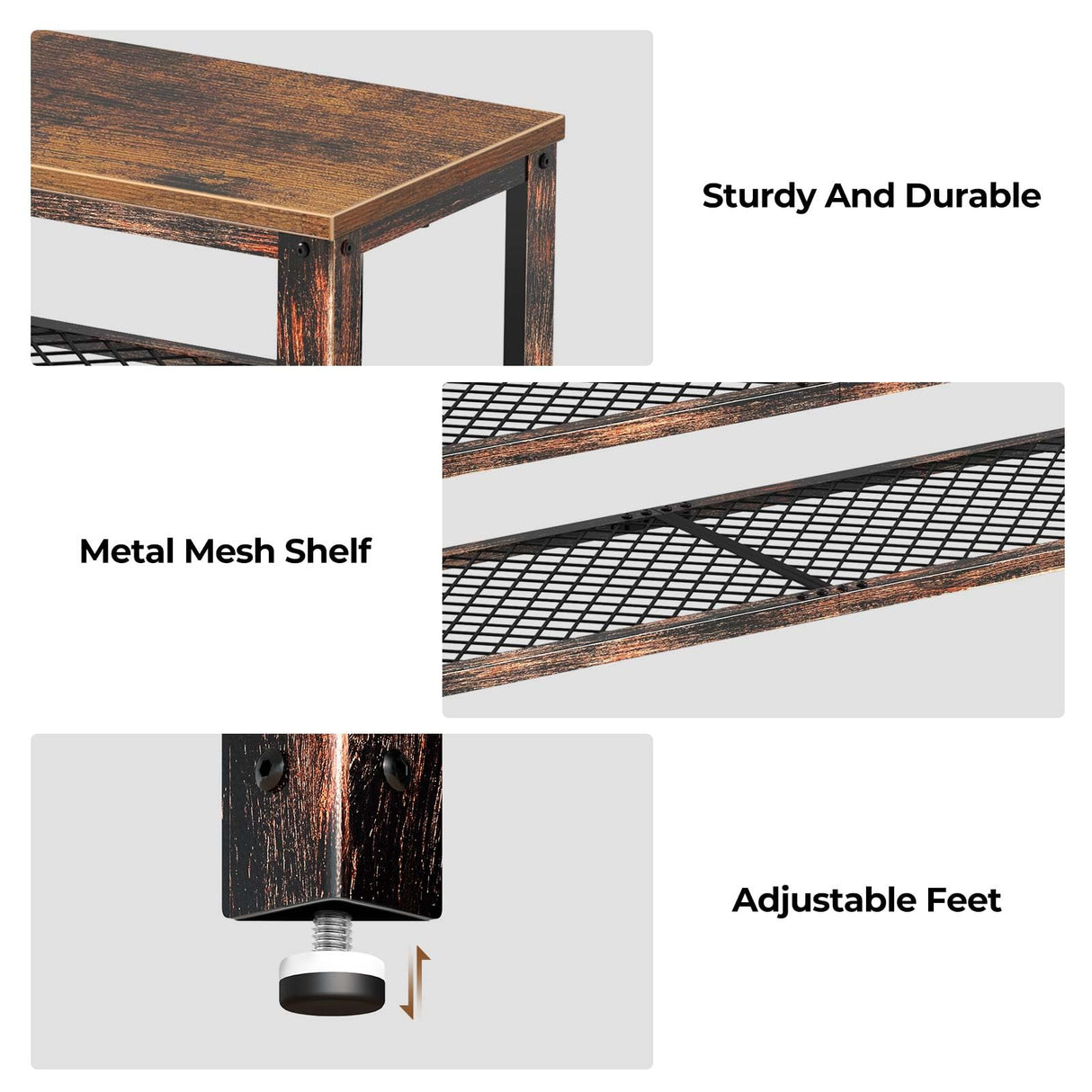 Rolanstar Shoe Bench, 3-Tier Shoe Rack, 39.4” Storage Entry Bench with Mesh Shelves Wood Seat, Rustic Foyer Bench for Hallway Front Door, Doorway, Living Room, Mudroom, Steel Frame, Rustic Brown Rolanstar