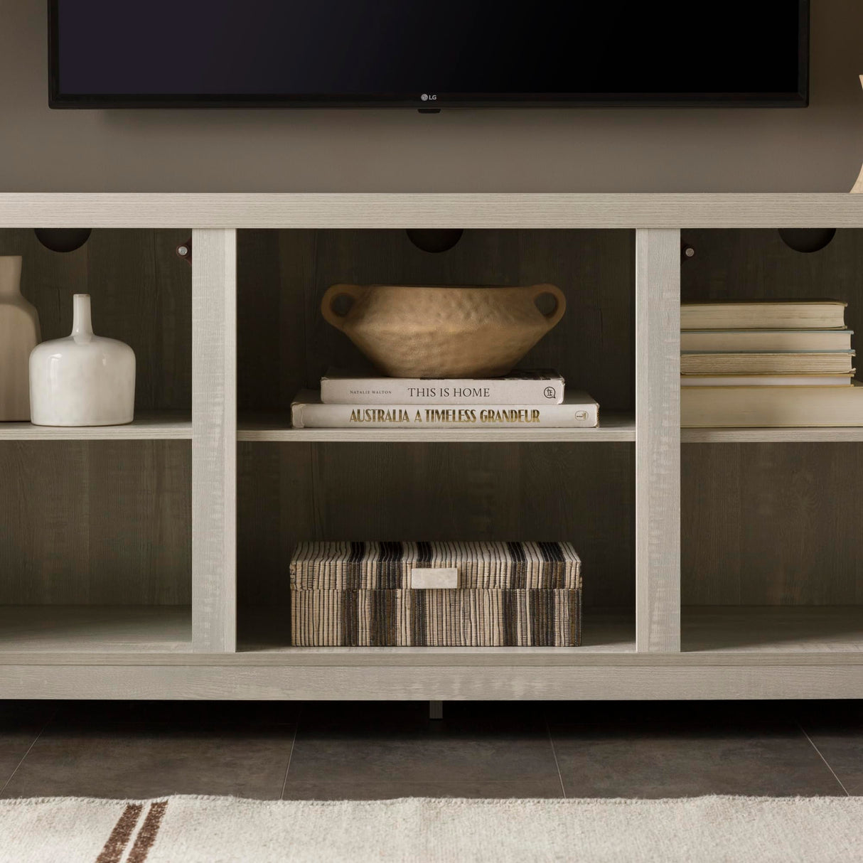 Walker Edison Wesley Modern Farmhouse Glass Door TV Stand for TVs up to 65 Inches, 58 Inch, Stone Grey, Without Fireplace Walker Edison