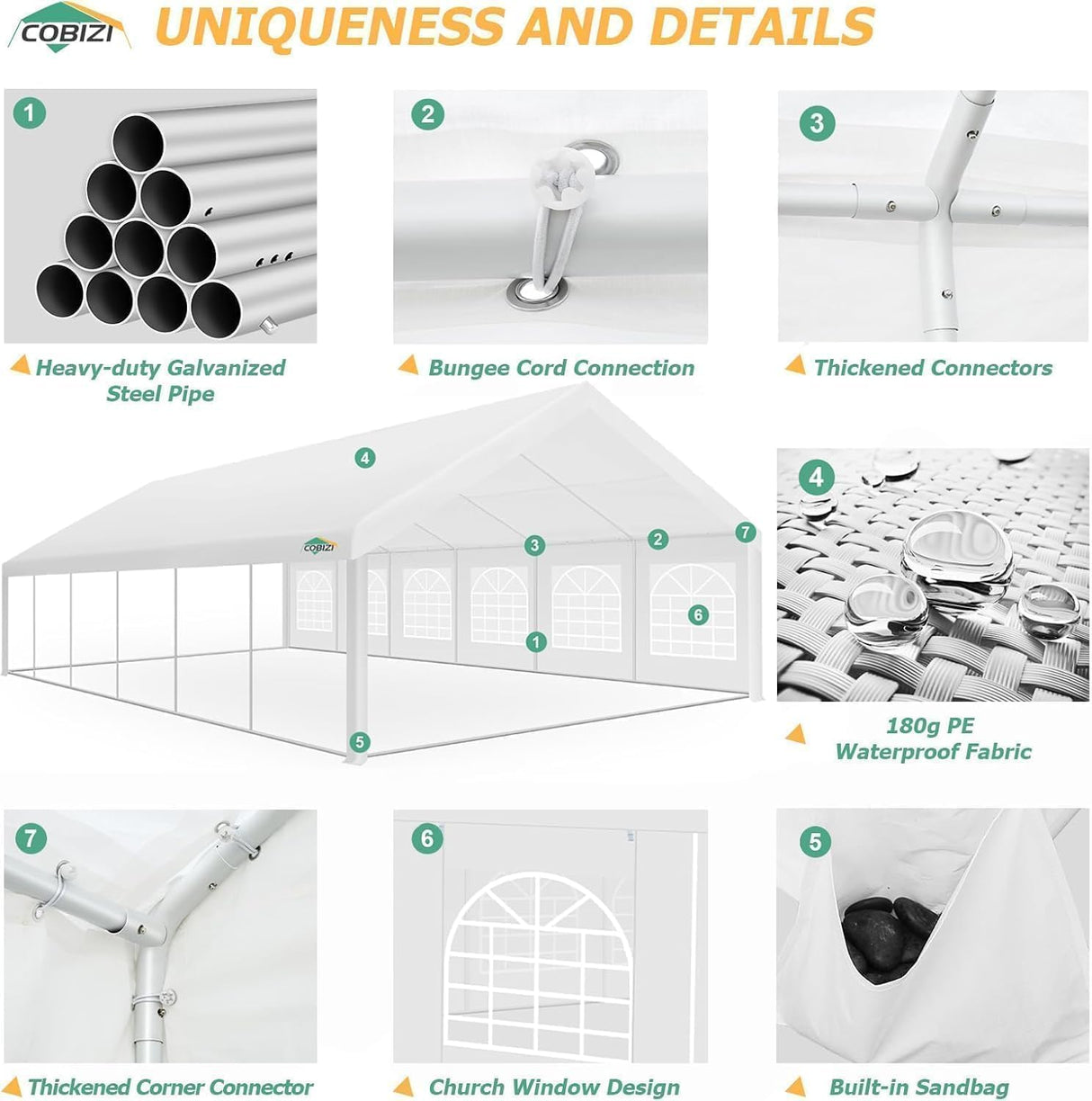 COBIZI 20x40FT Party Tent Heavy Duty Outdoor Gazebo White Event Shelter Wedding Canopy Tent for Parties BBQ with Removable Sidewall Windows, Powder Coating (Better Than Galvanized) COBIZI
