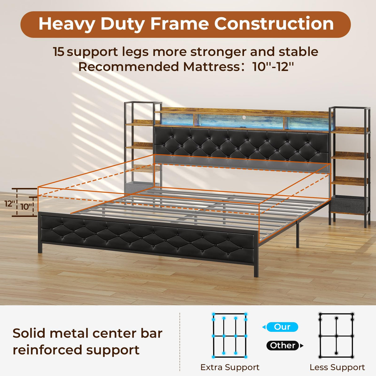 DICTAC King Size Metal Bed Frame with Smart Charging Headboard, Storage Shelves, and LED Lighting DICTAC