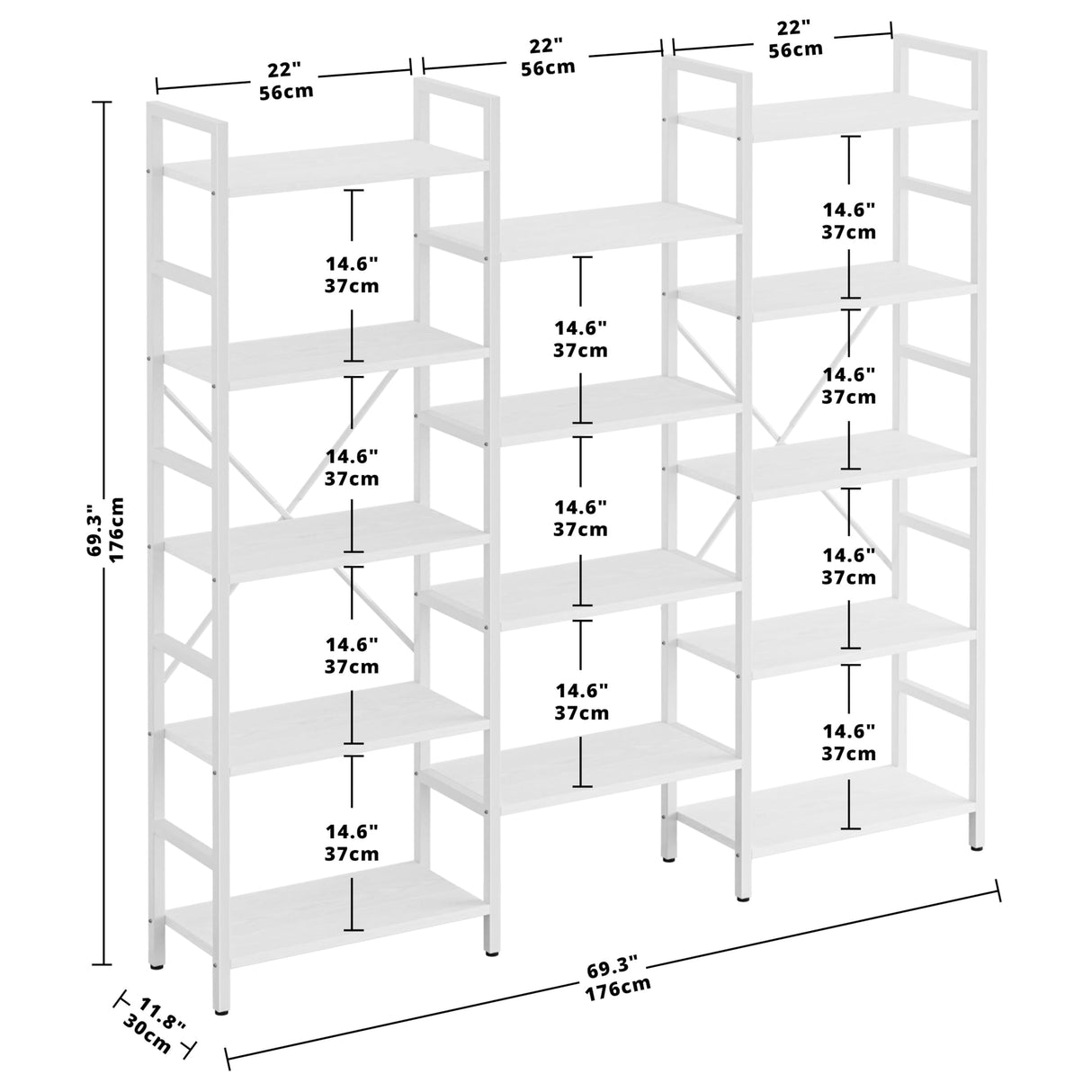 IRONCK Bookcases and Bookshelves Triple Wide 5 Tiers Industrial Bookshelf, Large Etagere Bookshelf Open Display Shelves with Metal Frame for Living Room Bedroom Home Office IRONCK