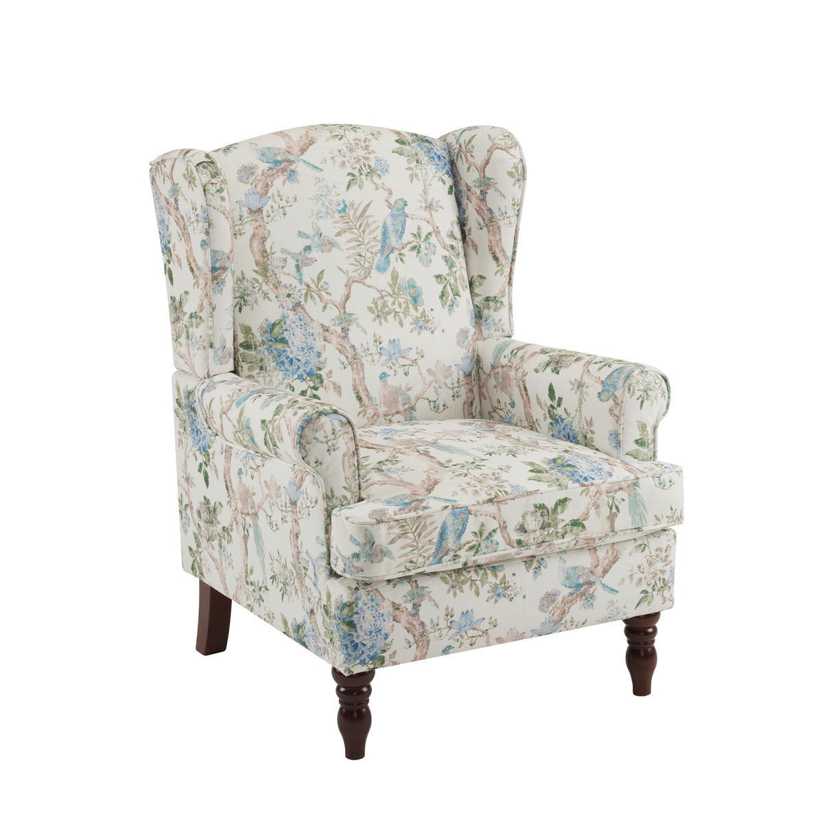 MELLCOM Floral Accent Chair, High Back Upholstered Armchair with Solid Legs, Leisure Single Sofa Chair for Living Room, Bedroom, Home Office, Light Blue Floral&Bird MELLCOM
