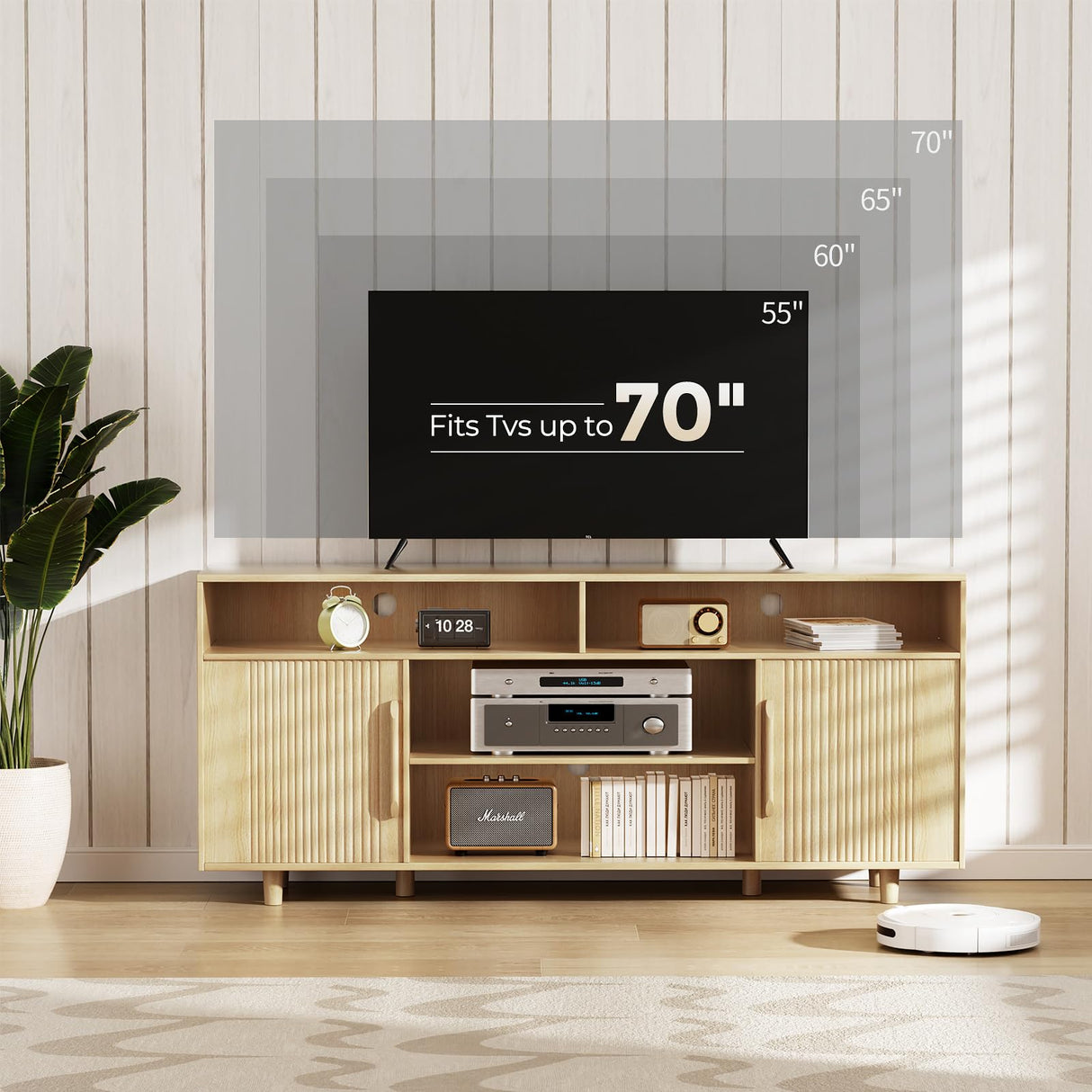 AntsandAnts TV Stand for 70 Inch TV, Fluted Modern Entertainment Center with Storage, Media Console Cabinet w/Adjustable Shelves & Doors, Wood TV Stands for Living Room, Bedroom, Natural Oak AntsandAnts