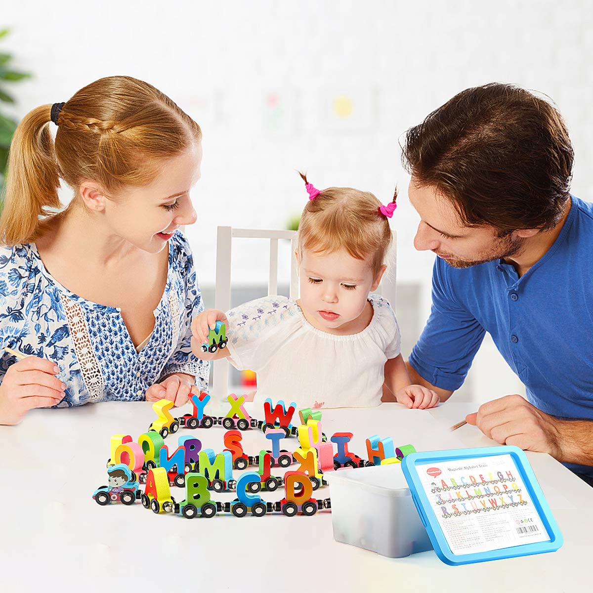 Wooden Alphabet Train Toy 27 PCS Magnetic Alphabet ABC Set Includes 1 Engine and 1 Storage Box Letter Cars for Toddlers Kids Boys and Girls, Compatible with Tracks Wondertoys