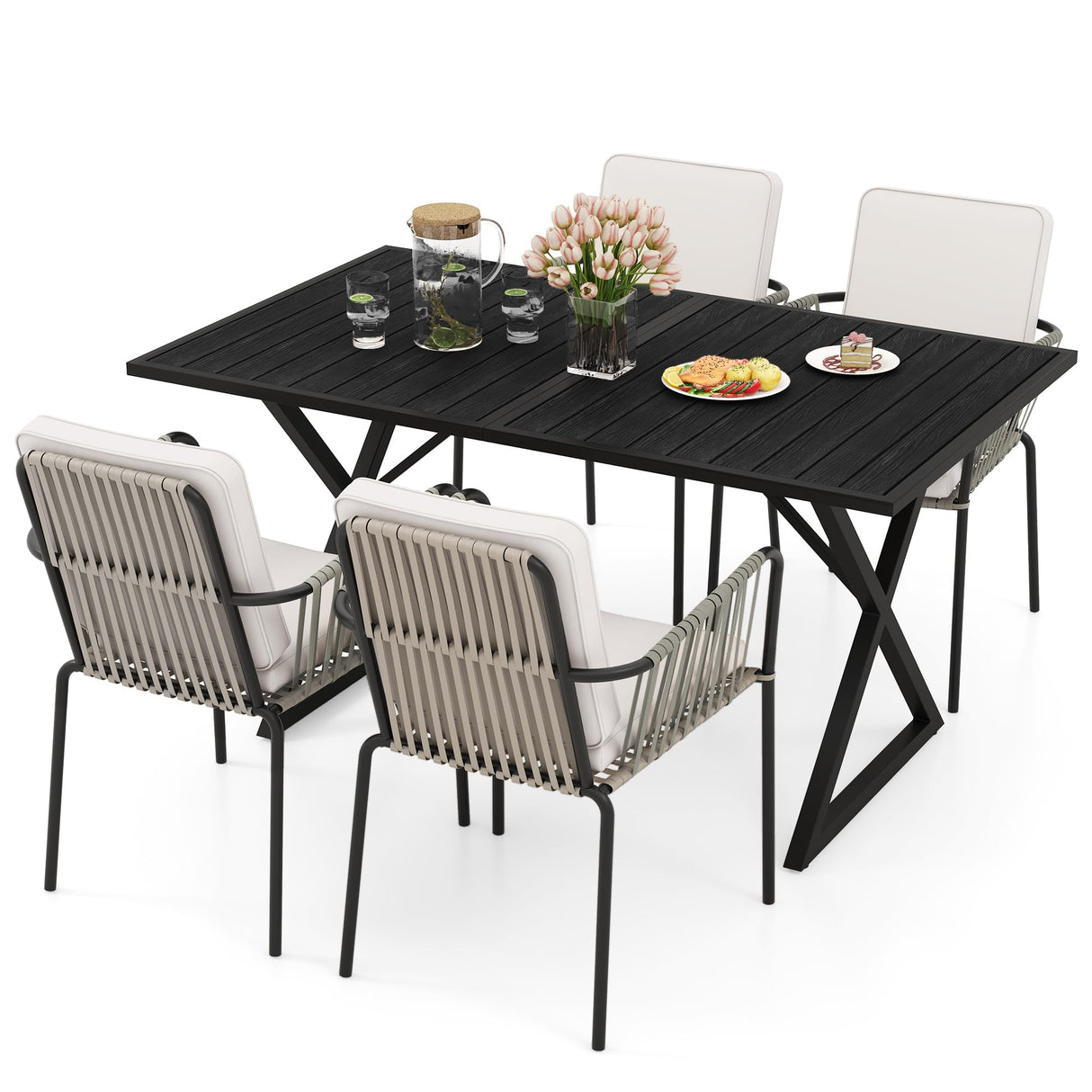 YITAHOME 5 Piece Patio Dining Set Outdoor Furniture Stackable All-Weather Comfortable Rope and Rattan Chairs Metal Frame with Faux Wood Tabletop for Courtyard Backyard Poolside Balcony, Black & Grey YITAHOME