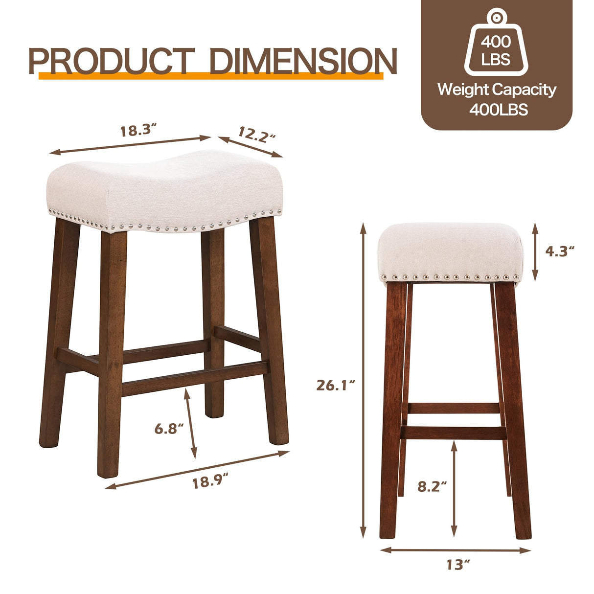 Larksperal 26" Counter Height Bar Stools - Modern Backless Kitchen Island Saddle Barstools Chairs with Footrest, Solid Wood Legs & Nailhead Trim Linen Fabric Cushion, Beige, Set of 4 Larksperal