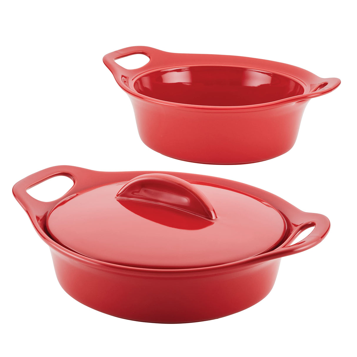 Rachael Ray Solid Glaze Ceramics Casserole Bakers/Baking Dish with Shared Lid Set, 3 Piece, Red Rachael Ray