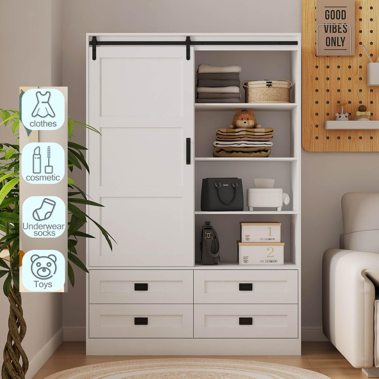 Wardrobe Closet with Doors, 71" Tall Bedroom Armoire, Wooden Closet with Doors and Drawer, Large Capacity Freestanding Wardrobe Closet with Hanging Rod and Shelves, Anti-Dumping Design, White RIDFY