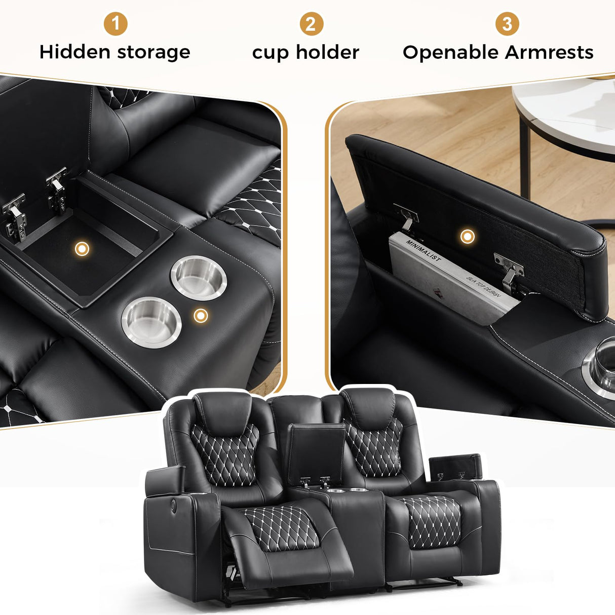 ANJ Reclining Loveseat,Power Recliner Sofa with USB Ports and Cup Holders - Overstuffed Electric Living Room Seating PU Leather Double Recliner with Hidden Arm Storage, Easy to Clean (Black) ANJ