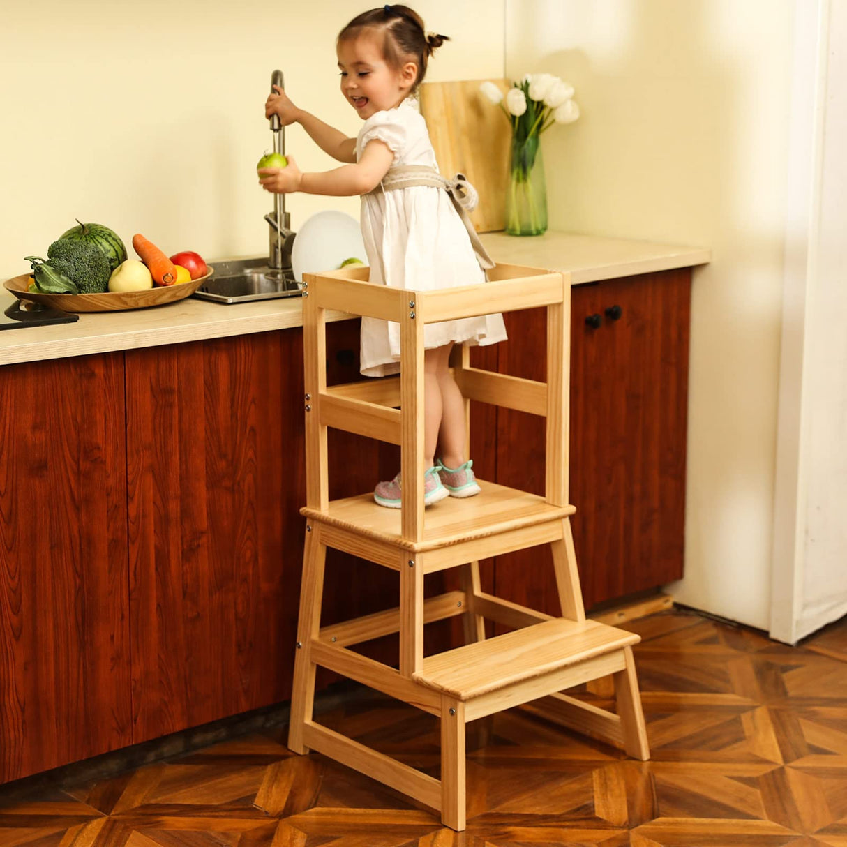Kitchen Step Stool for Kids with Safety Rail,Toddler Standing Tower for Kitchen Counter, Baby Montessori Stool,Solid Wood Construction,Natural Wiifo