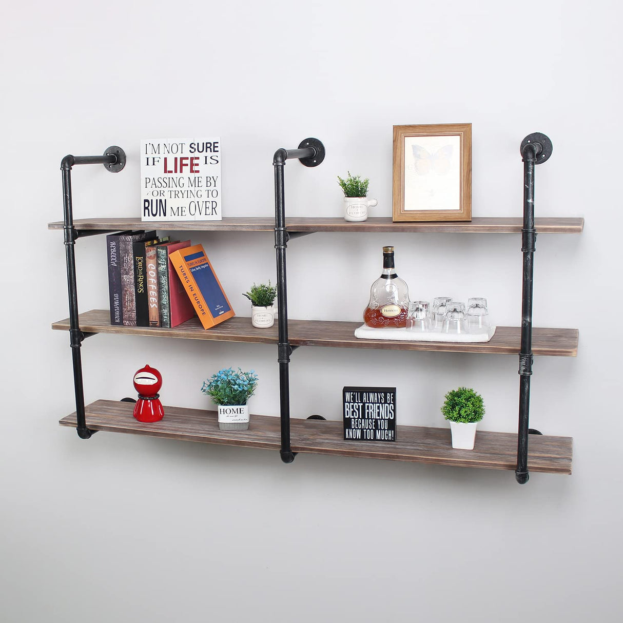 Industrial Pipe Shelving Wall Mounted,63in Rustic Metal Floating Shelves,Steampunk Real Wood Book Shelves,Wall Shelf Unit Bookshelf Hanging Wall Shelves,Farmhouse Kitchen Bar Shelving(3 Tier) MBQQ