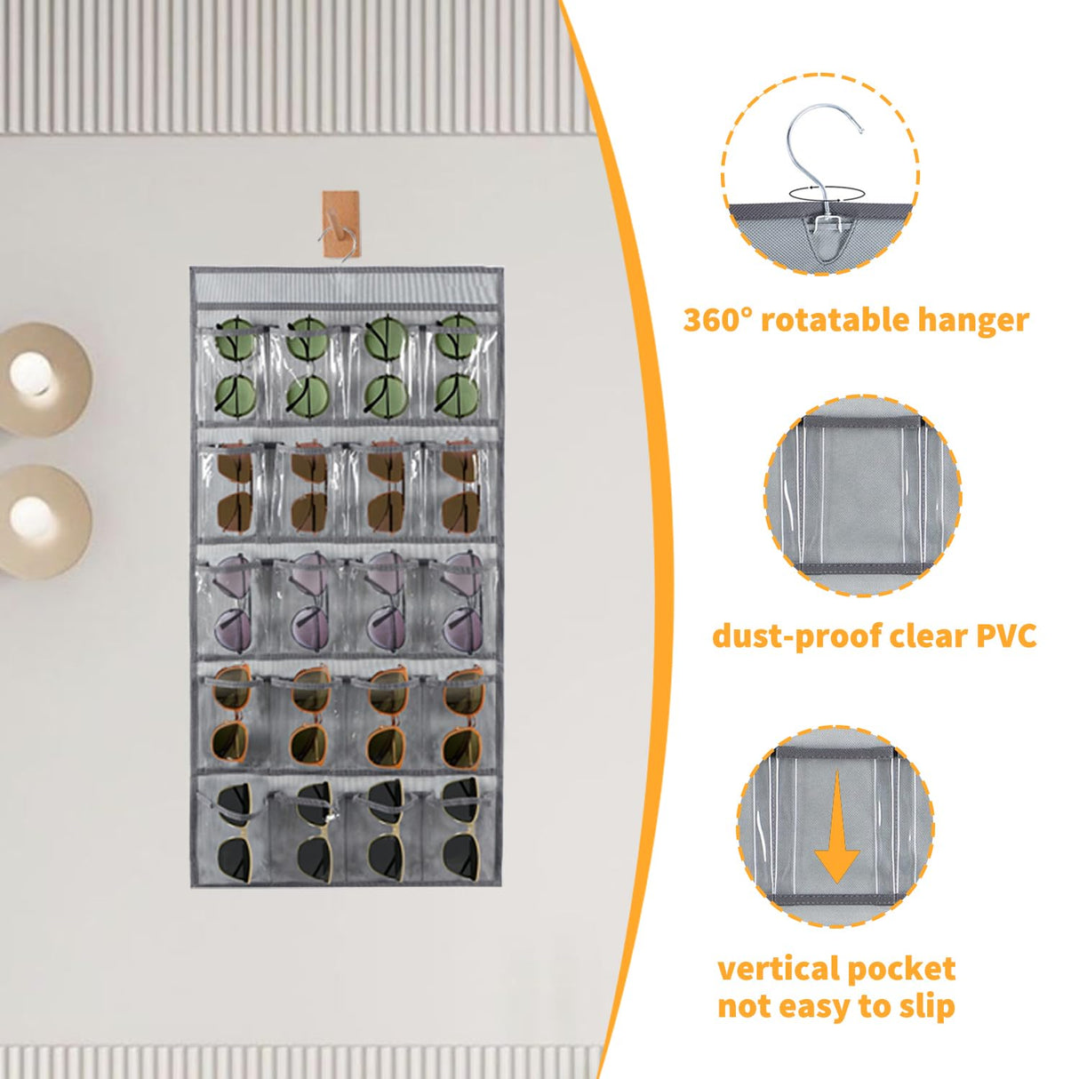 TEMUORG 2 Pcs Sunglasses Organizer Storage Sunglass Holder for Wall Hanging Eyeglass Organizer for Multiple Glasses (GRAY) TEMUORG