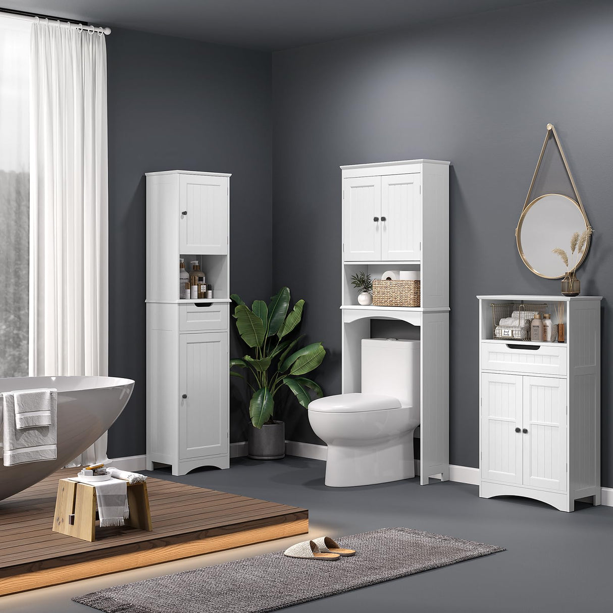 Bealife Over The Toilet Storage Cabinet with Open Shelf, Organizer with Adjustable Shelf and Double Doors,Over The Toilet Storage Shelf Free Standing- White Bealife