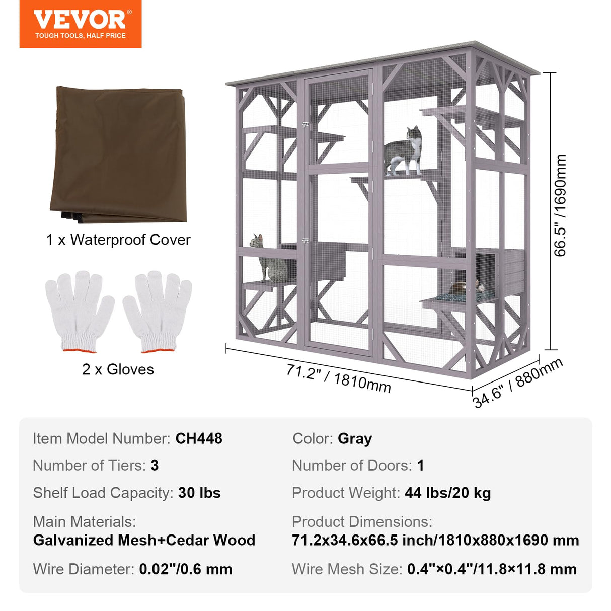 VEVOR Cat Cage Condo Catio Outdoor/Indoor Cat Enclosure, Wooden Cat House with 5 Platforms, 7-Tier Pet Playpen with 2 Resting Box, Cat Crate Cat Kennel with Waterproof Roof, 71.2"L x 34.6"W x 66.5"H VEVOR