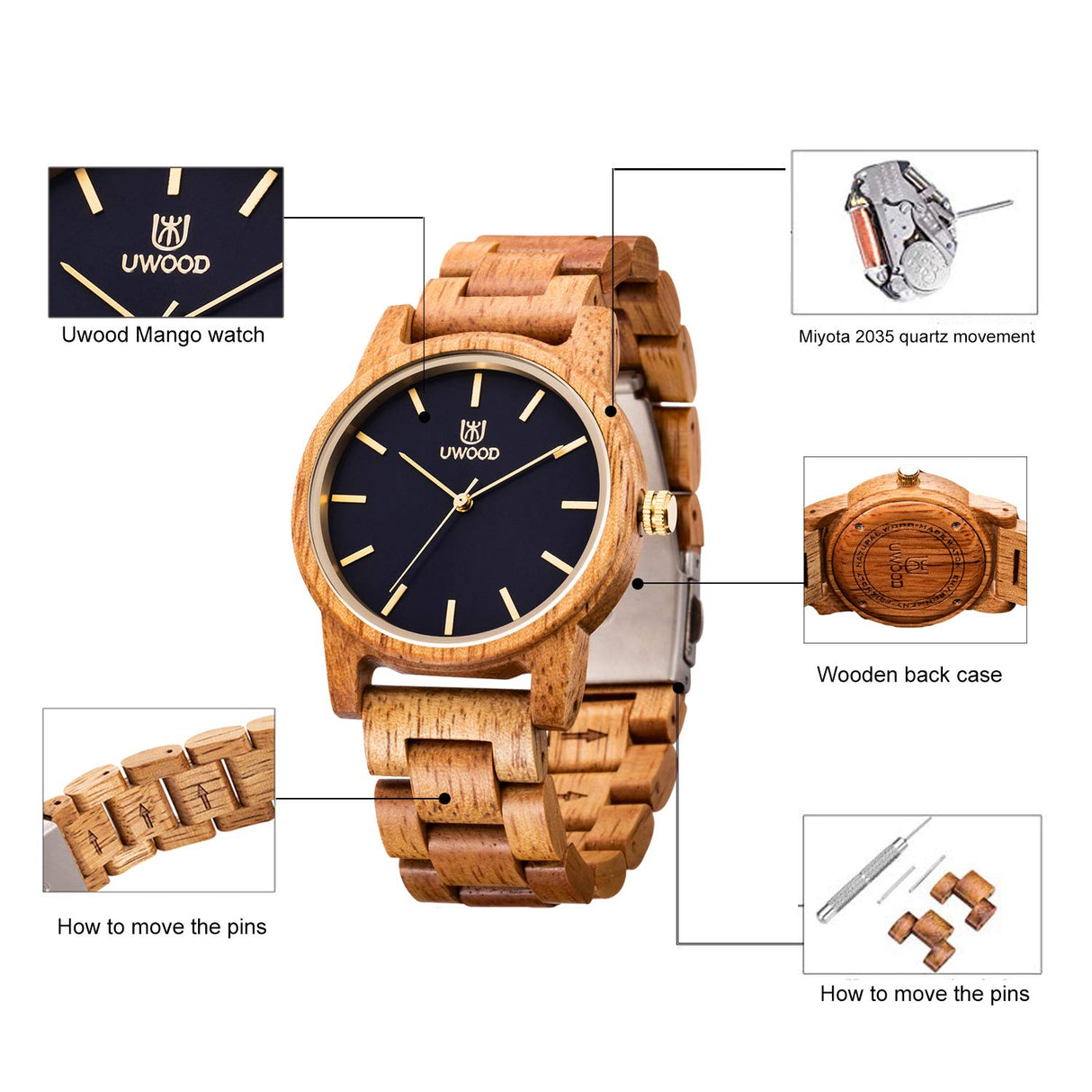 MUJUZE Wooden Watch for Men, Wood Watches Gifts Lightweight Handmade Minimalist Movement Classic Wooden Watches Casual Wood Watches Men, Wood Watch for Men (1007 Mango) MUJUZE