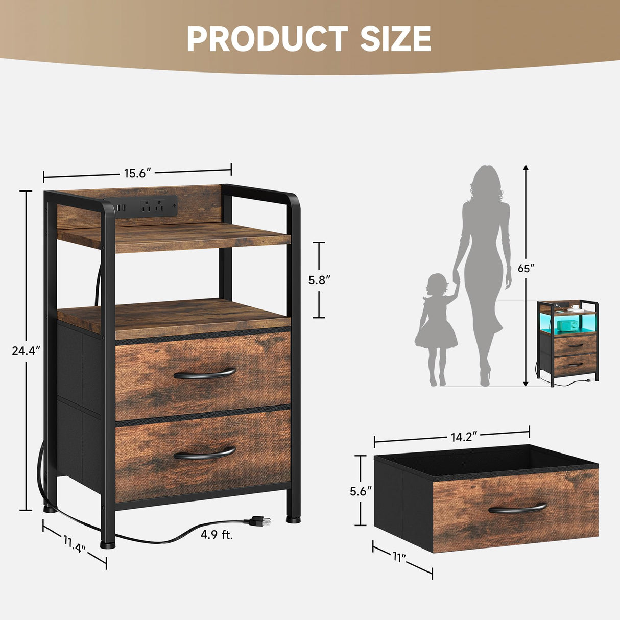 Night Stand Bedside Table Bedroom - Nightstand with Charging Station, Bed Side Table with LED Light Strip, End Table with U-S-B Ports & AC Outlets, Storage Shelf & 2 Fabric Drawers, Rustic Brown Lazzanto