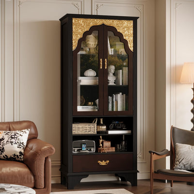 Timechee Modern Book Shelf with Drawers, 72" Tall Black Bookcase Storage Cabinet with Tempered Glass Doors and Open Shelves, Large Bookshelves and Bookcases, Display Cabinet Bookshelf for Living Room