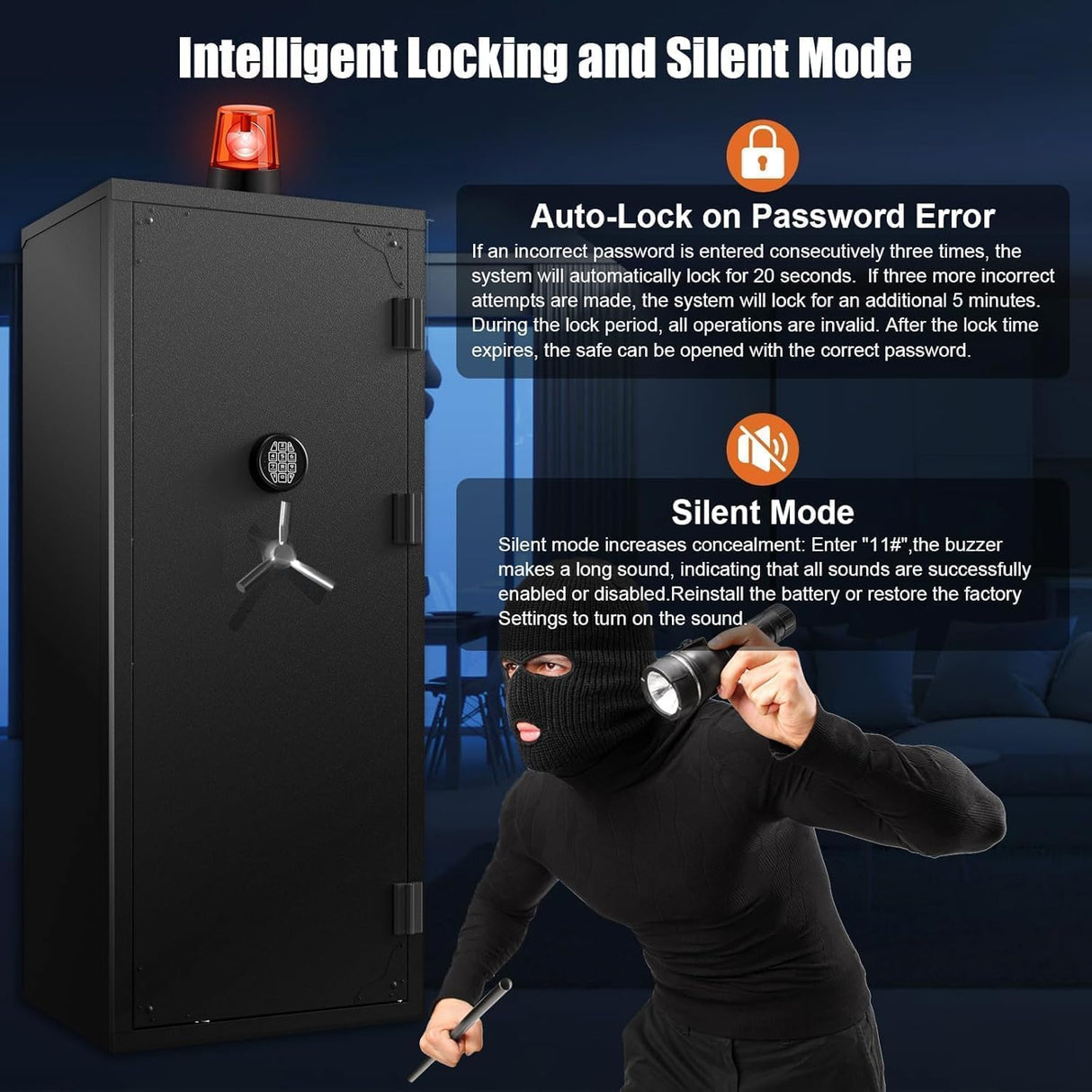 30 Gun Safe, Large Rifle Safe for Rifle and Shotgun/Rifle Pistol Rack/Storage Pocket/Removable Shelf/Silent Mode/External Battery/LED/Key,180° Open Door Panel Organizer Long GunSafe(Large Version) TTSITG