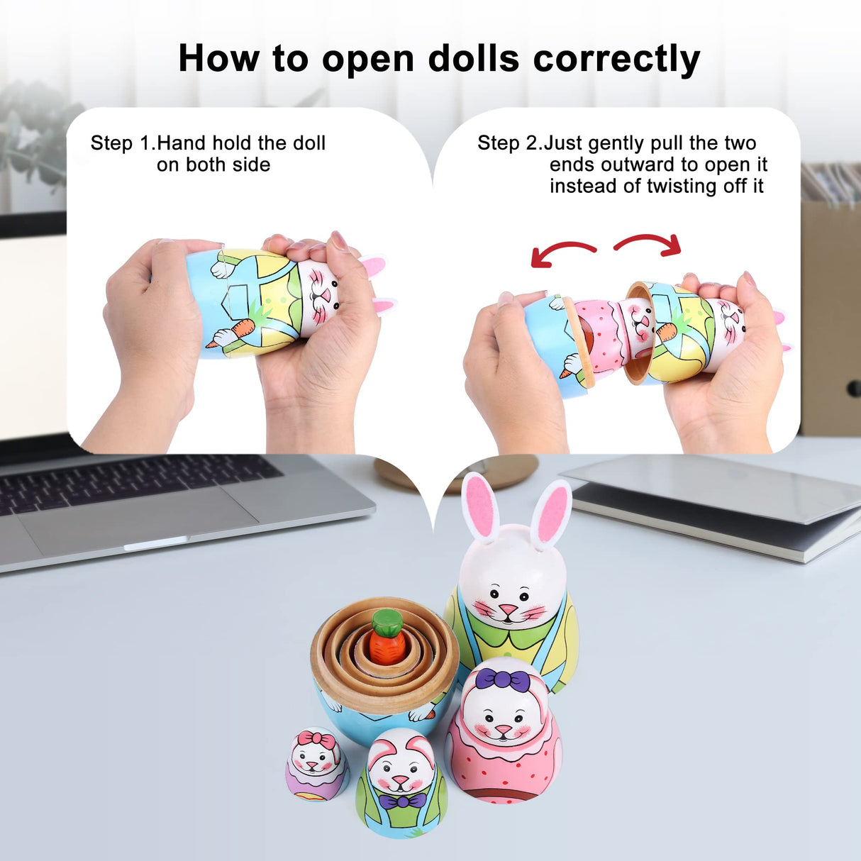 Yoption 5Pcs Russian Matryoshka Dolls Handmade Wooden Rabbit Bunny Nesting Dolls Set for Kids Christmas Easter Birthday Toy Gift Home Decoration (Rabbit) Yoption