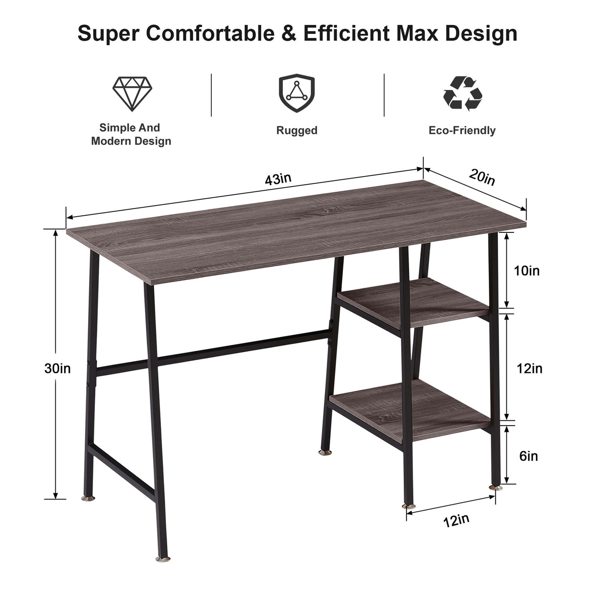 VECELO 43 Inch Computer Desk Writing Study Work Office Table Modern Desk with Shelves Wooden Desk for Home Bedroom,Brown Desk VECELO