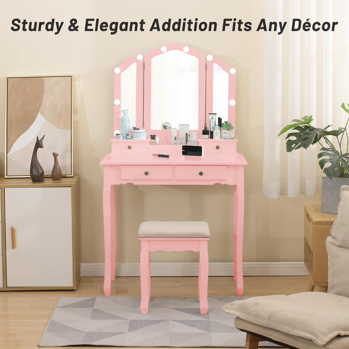 LilyFantasy Vanity Table, Makeup Vanity Table with Lighted Mirror, Vanity Set with Padded Stool, Tri-Fold Bedroom Vanity, 4 Drawers, 2 Open Compartments, Pink Finish LilyFantasy