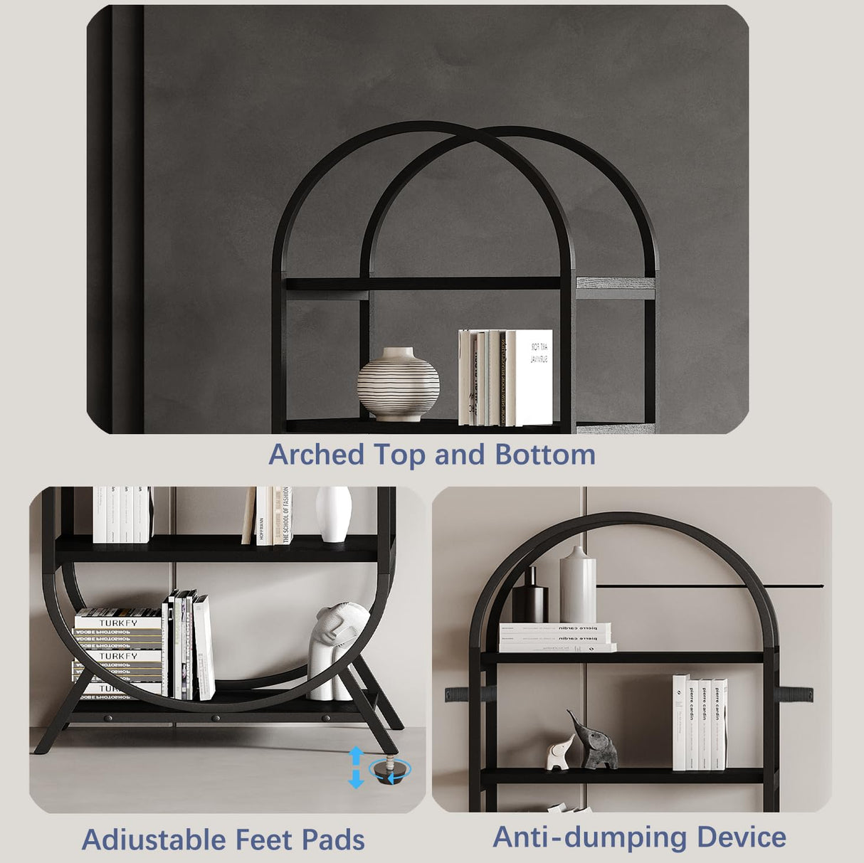 Kogven Bookshelf Arched Bookcase, Industrial 5 Tier Open Book Shelves with Metal Frame, 72" Tall Freestanding Display Rack for Home Office, Living Room, Black Kogven