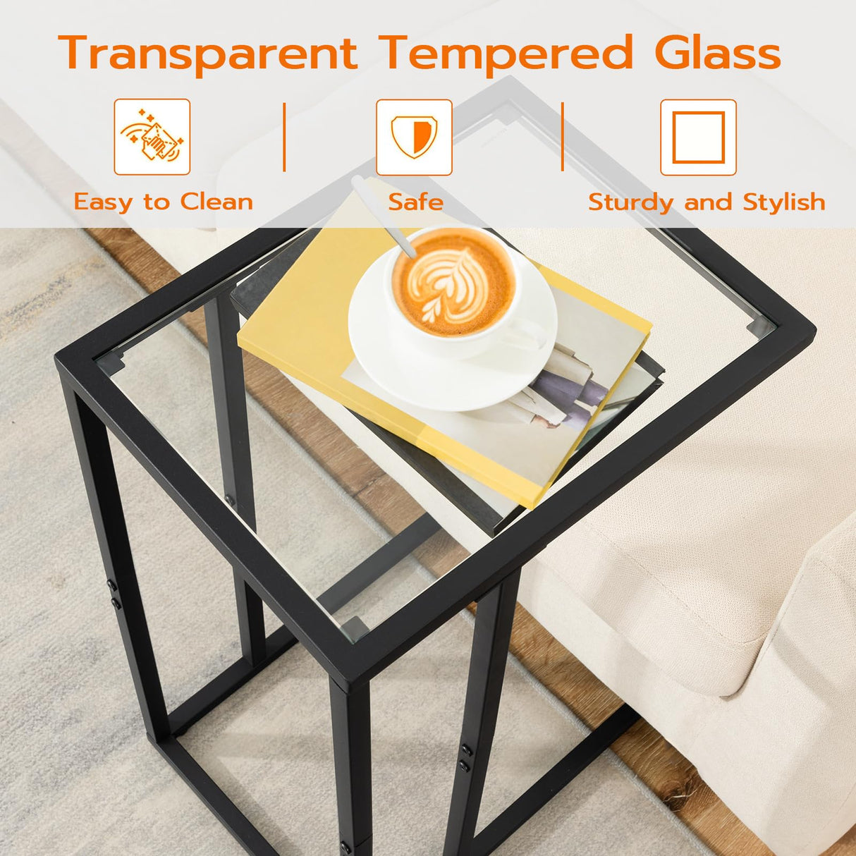 HOOBRO C Shaped End Table Set of 2, Tempered Glass Snack Side Table with Metal Frame, TV Tray Table for Small Space, Sofa Couch and Bed, Modern Style, Black BK03SFP201 HOOBRO
