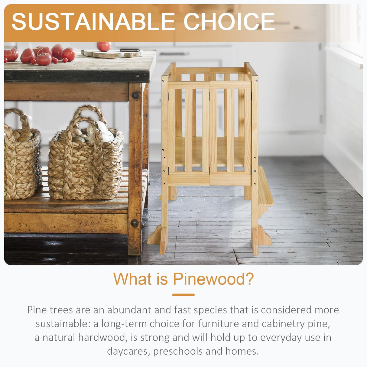 WOOD CITY Kitchen Step Stool Helper - Montessori Foldable Standing Tower for Toddlers with Safety Rail, Height Adjustable Ideal Helper for Learning New Skills, Natural Pure Pine Wood (Natural) WOOD CITY