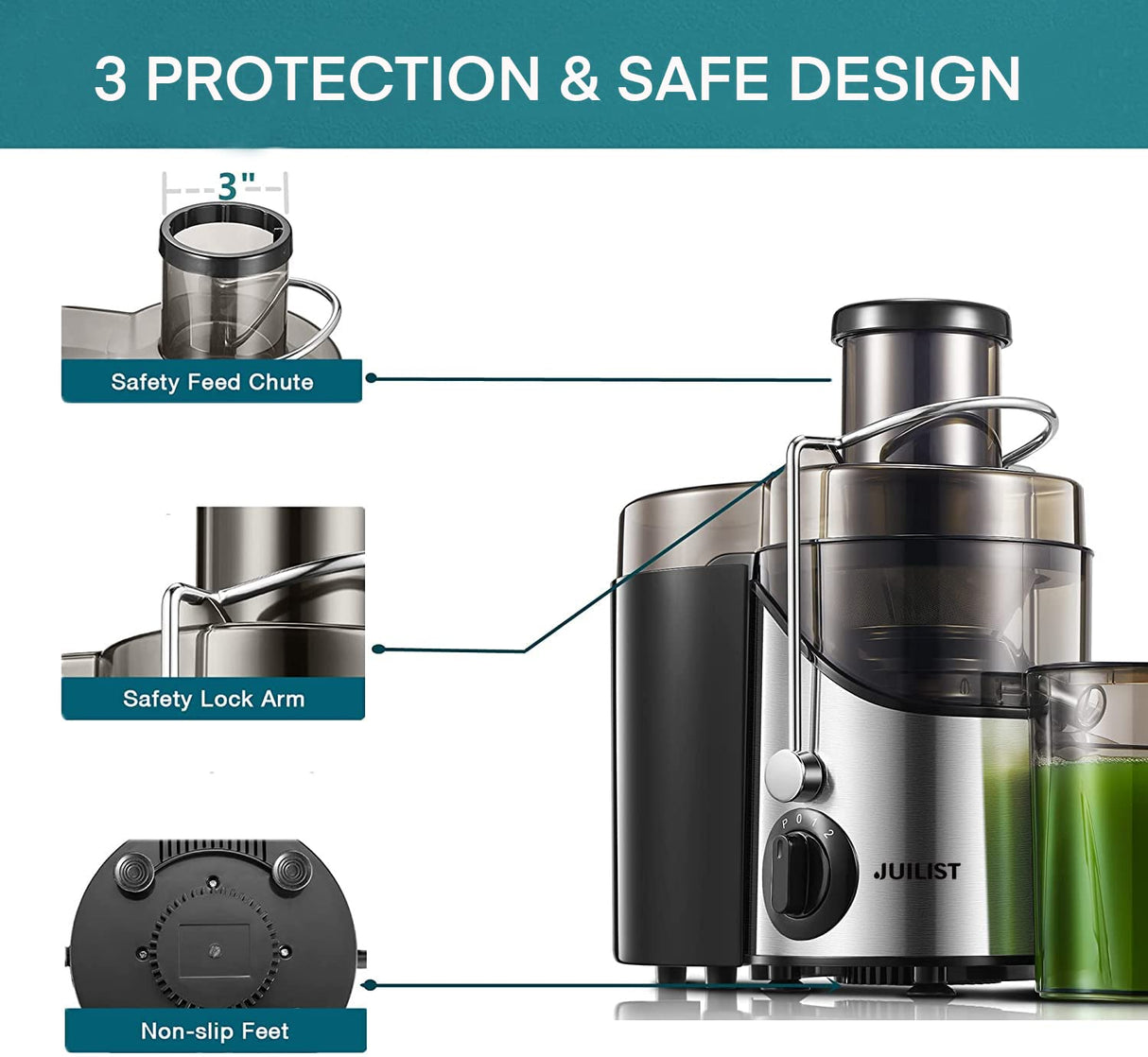 Juicer Machines, Juilist 3" Wide Mouth Juicer Extractor Max Power 800W, for Vegetable and Fruit with 3-Speed Setting, 400W Motor, Easy to Clean Juilist