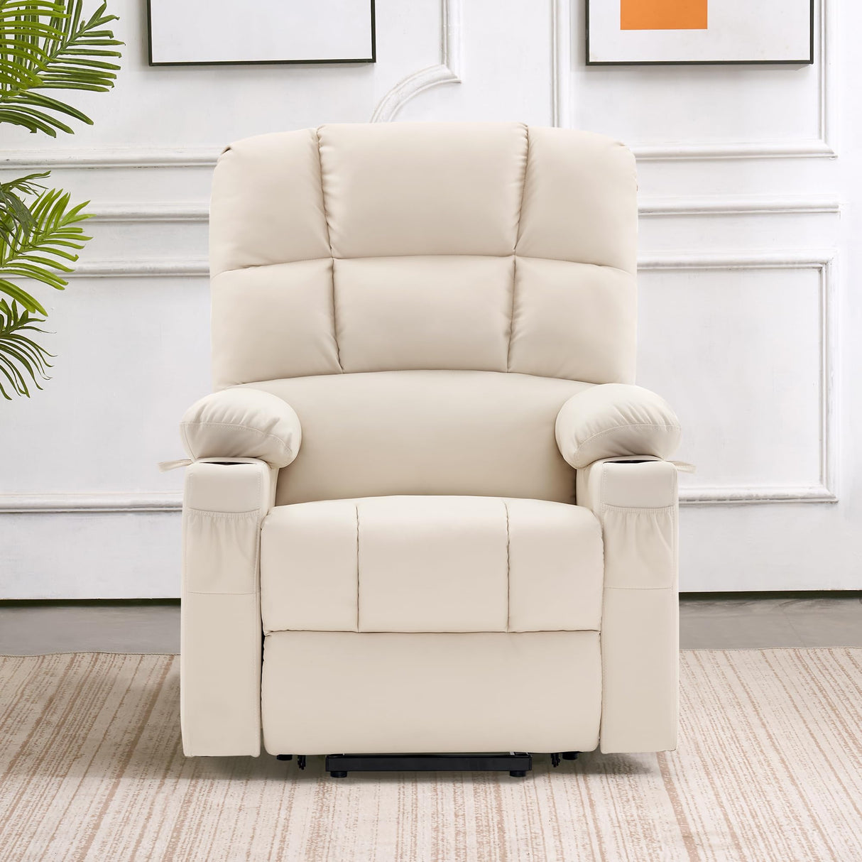 MCombo Medium Lay Flat Dual Motor Power Lift Recliner Chair Sofa with Massage and Heat for Elderly People, Infinite Position, Faux Leather 7679 (Cream White, Medium) MCombo