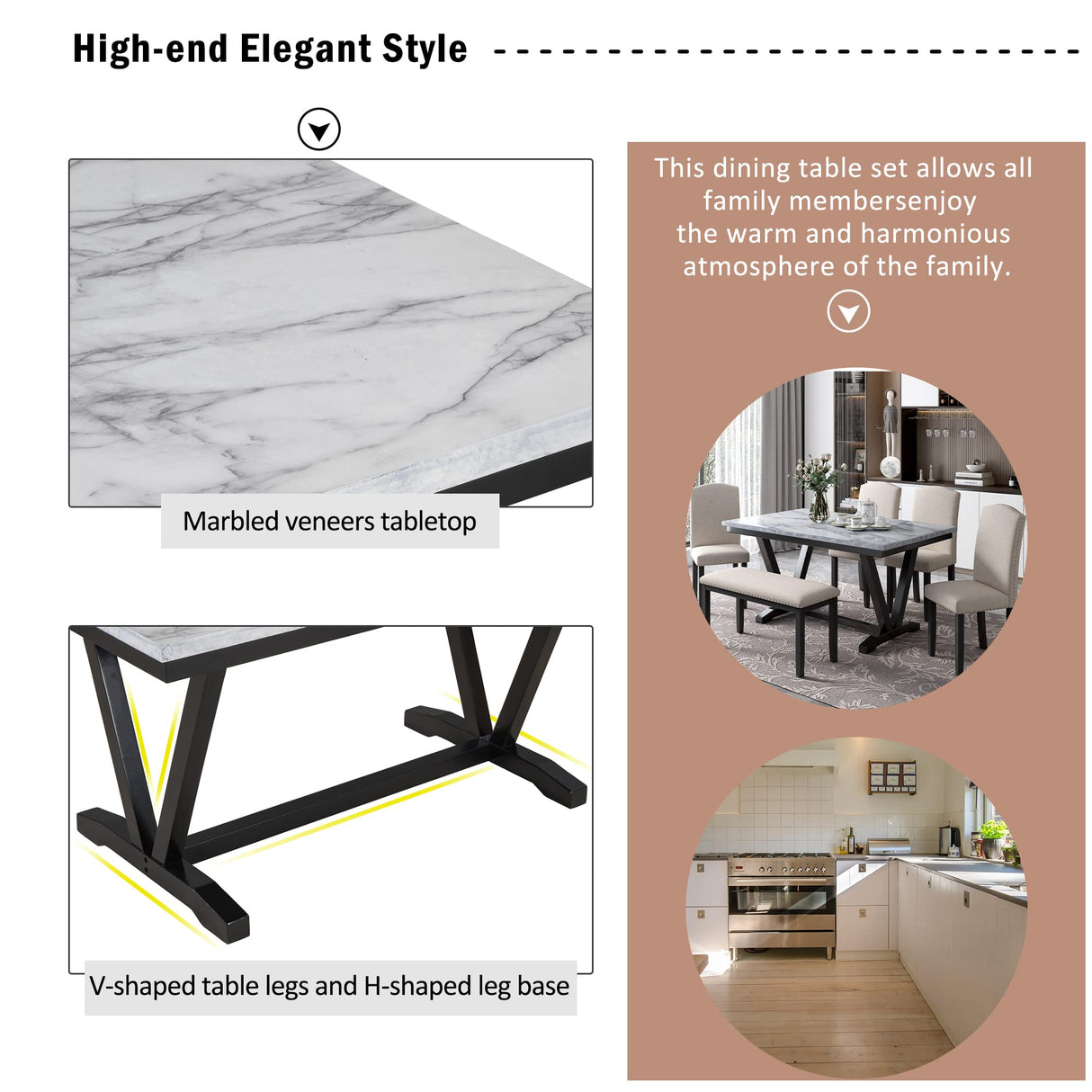 6 Pieces Dining Table Set with Bench, Rectangle Dining Table with 4 Upholstered Chairs & a Bench, Wood Kitchen Table Chairs Set for 6 Persons, Modern Style Dining Room Set (White +Black) Merax