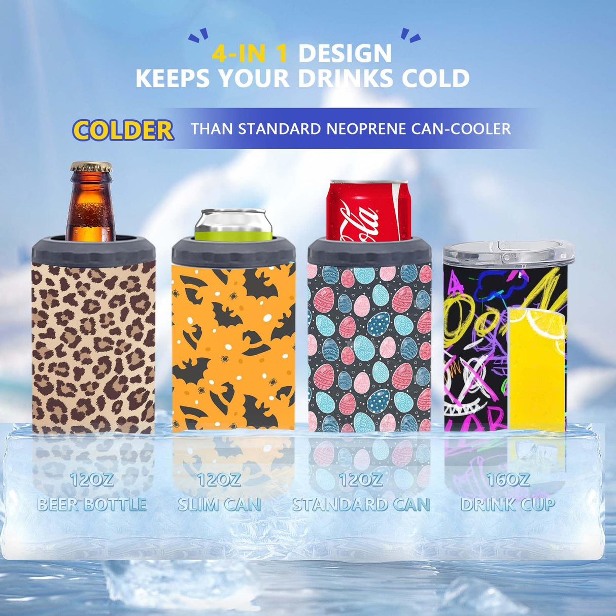 HIZEE 16 oz Sublimation 4 in 1 Can Cooler Tumbler Blank 4pack,Double Stainless Steel Vacuum Insulated for Hot and Cold Beverages,Standard Can,Beer Bottle and Insulated Mugs HIZEE