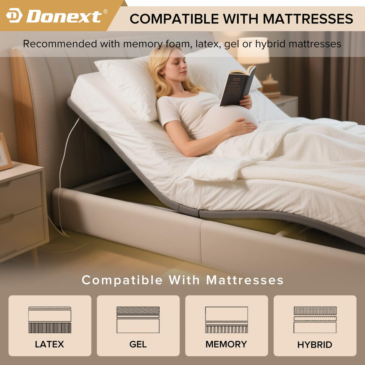 Donext Adjustable Bed Base Fabric Covered, King Bed Frame, Independent Head and Foot Incline, Zero Gravity Quiet Motor, Wireless Remote Control, 4 Ports USB, Under-Bed Nightlights, Electric Bed Base Donext