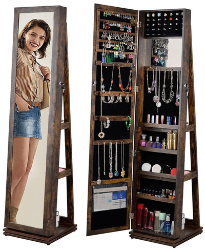 BOSTANA Jewelry Armoire 65" H, Full Length Mirror with Storage 360° Swivel, Storage Shelves, Lockable Standing Jewelry Cabinet Organizer with Large Storage Capacity, Valentine's Day Gift, Brown
