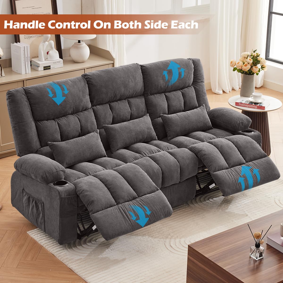 Recliner Sofa with Cup Holders for Living Room 3 Seat Manual Oversized Recliner Chiar with Ergonomic, Side Pocket for Adult MAHOMICO