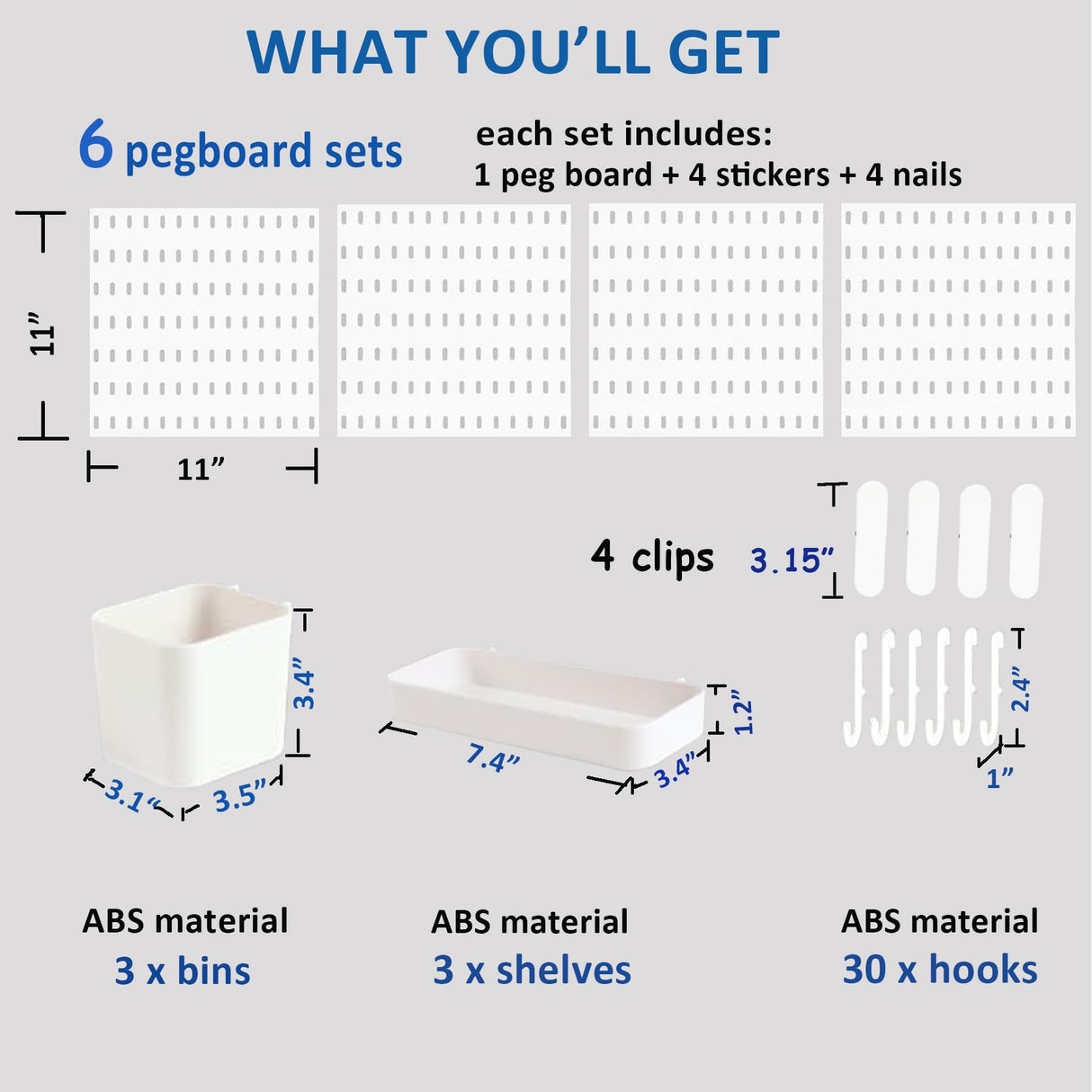 Ever Vibrant Wall Mount Peg Board Organizer 46pcs Kit - 6 Panels & 40 Accessories, Pegboard Wall Organizer with Hooks, Bins, Shelves and Clips, Space Saving Home & Office Storage System 33x22 (6 pcs) Ever Vibrant
