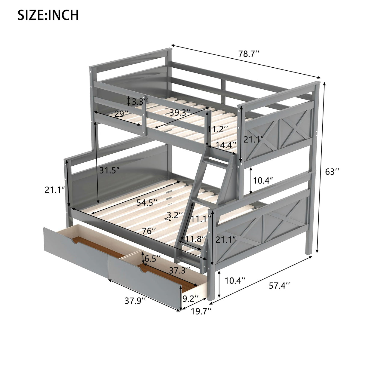 Merax Grey Twin Over Full Bunk Bed with Storage Drawers, Ladder and Guardrail, Convertible Design Merax