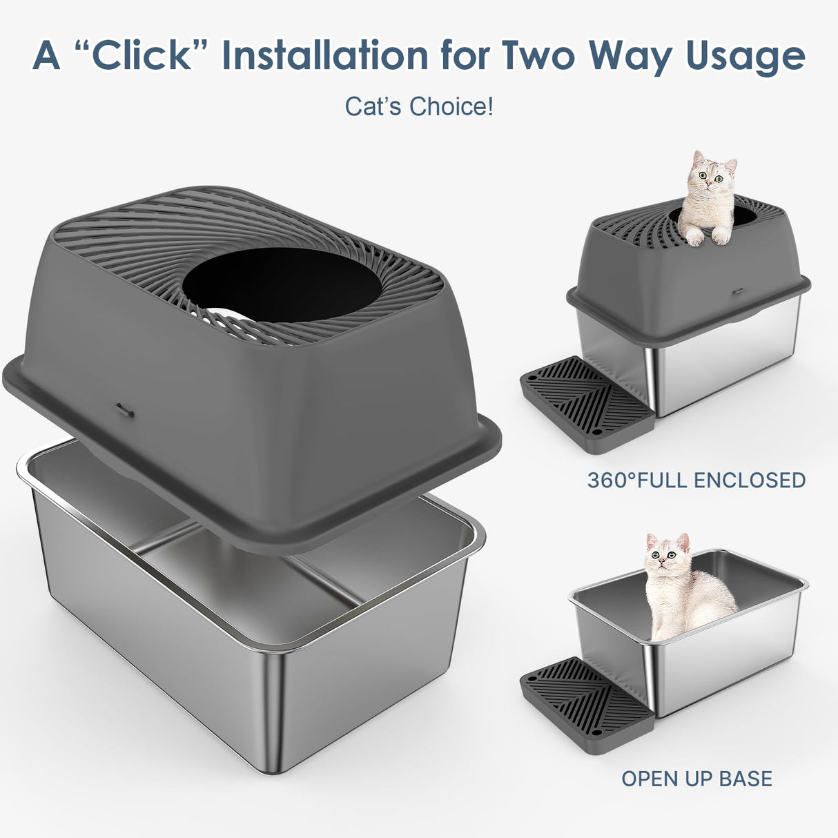 8" Deep Stainless Steel Litter Box with Lid, Top Entry Cat Litter Box for Dog-Proof, Enclosed Cat Litter Pan with Footboard, Odor Control, Anti-Leakage, Non-Sticky, Easy Cleaning (Charcoal Gray) suzzipaws