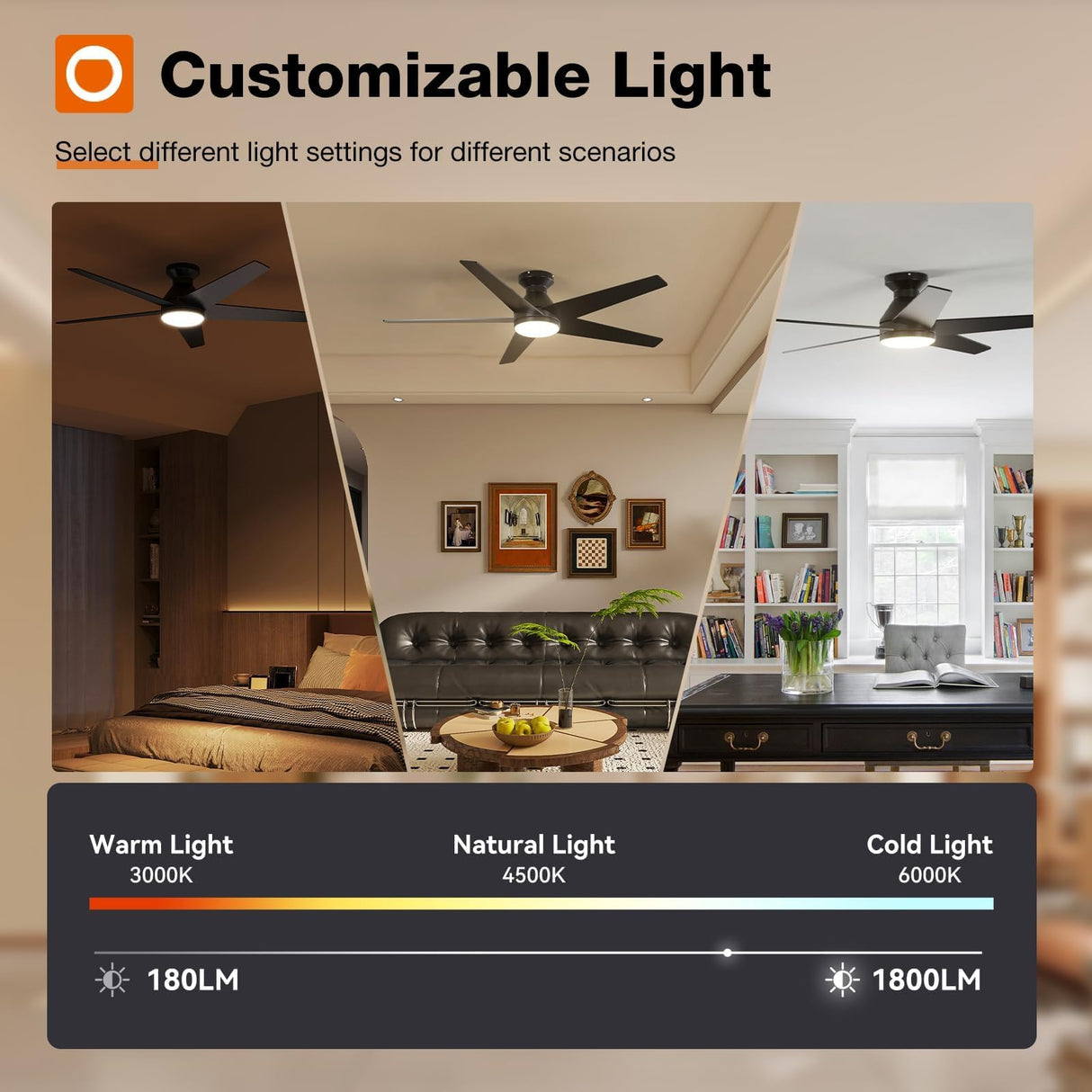 addlon Ceiling Fans with Lights, 52 inch Low Profile Ceiling Fan with Light and Remote Control, Flush Mount, Reversible, 3CCT, Dimmable, Noiseless, Black Ceiling Fan for Bedroom, Indoor/Outdoor Use addlon