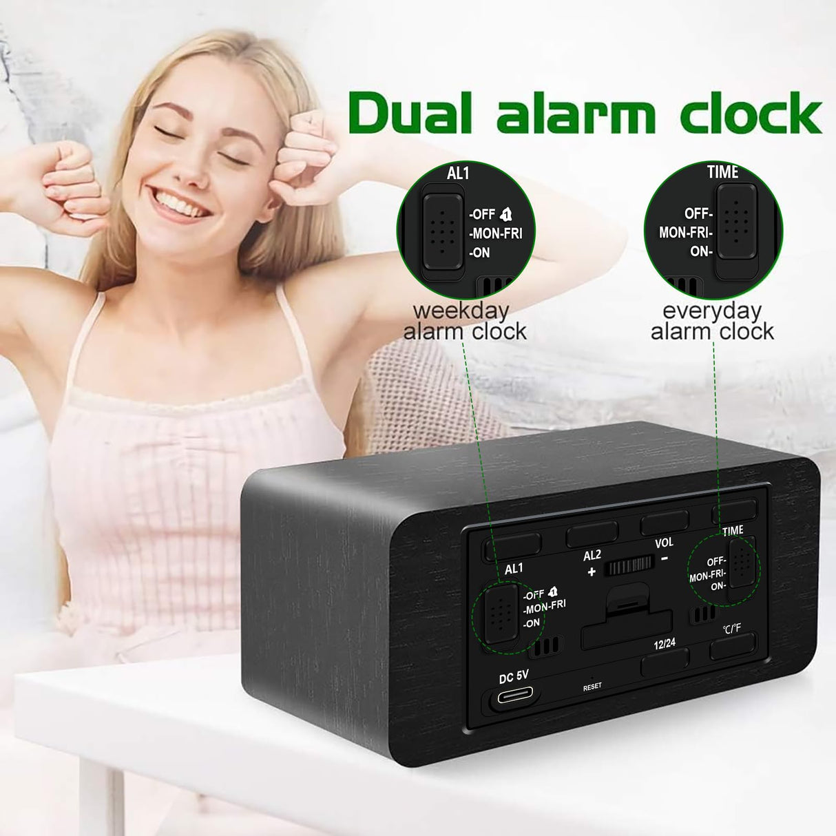 MOSITO Digital Wooden Alarm Clock with Wireless Charging, 0-100% Dimmer, Dual Alarm, Weekday/Weekend Mode, Snooze, Wood LED Clocks for Bedroom, Bedside, Desk, Kids (Black) MOSITO