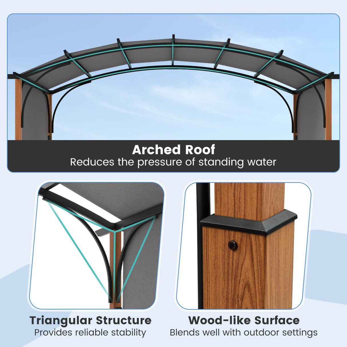 Tangkula 10x12Ft Pergola, Arched Patio Pergola with Retractable Sun Shade Canopy, Extra Large Patio Shelter Pavilion, Outdoor Pergola for Deck, Porch, Garden, Yard (Grey) Tangkula