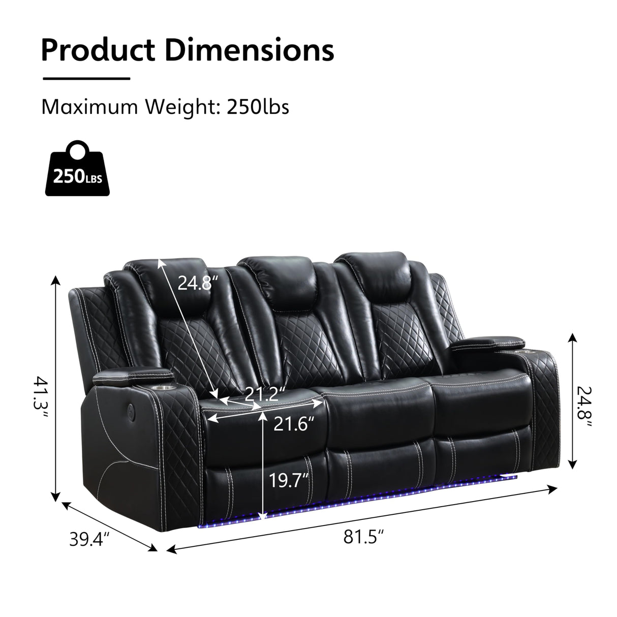Power Reclining Sofa Couch with Wireless Charger, 3 Seaters with Recliner with Reading Light, Leather Electric 3 Seat Sofa Sectional Set for Living Room, Home Theater Seating with LED Lights, Black Comfort Stretch