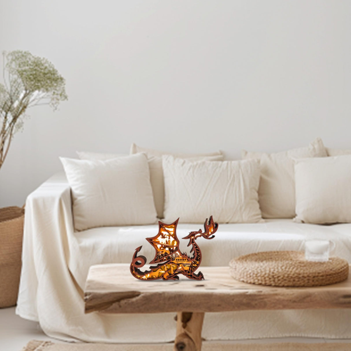 3D Wooden Animals Carving LED Night Light, Dragon Decor Wood Carved Lamp Cabin Statues Rustic Figurines Wall Hanging Sculpture Silhouette Ornament for Living Room Bedroom Home Room for Birthday Gifts FNYDOX