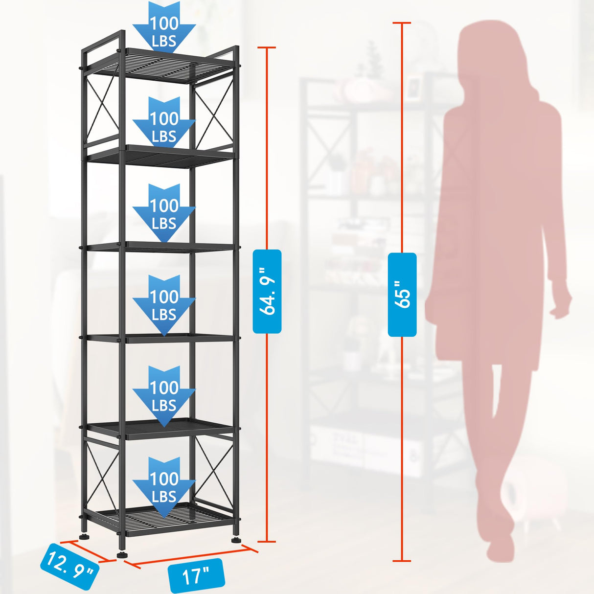 YOHKOH 6 Tier Metal Storage Rack Shelves, Standing Storage Shelf Units for Laundry Bathroom Kitchen Pantry (Black,17.0L x 12.9W x 64.9H) YOHKOH
