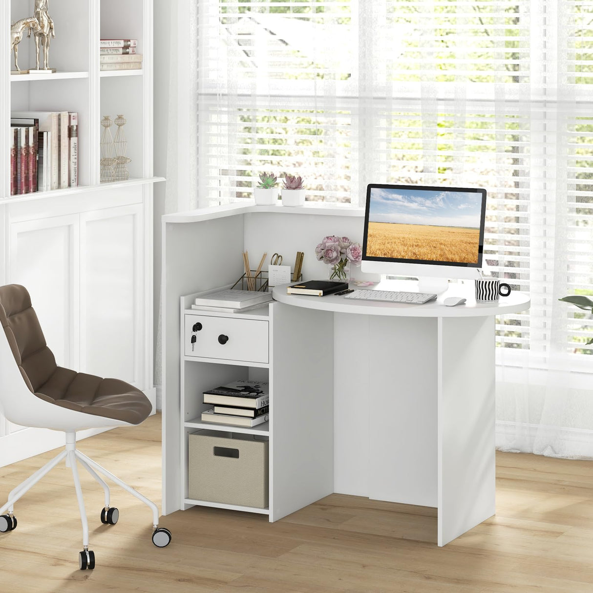 MAT EXPERT Reception Desk, Front Desk with Open Shelves, Lockable Drawer, Round Tabletop, Checkout Counter, Retail Counter, Computer Workstation for Office (White) MAT EXPERT