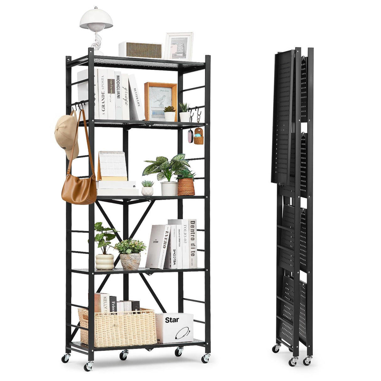 VEVOR 5-Tier Foldable Storage Shelf, 28W x 13D x 66H Inch Folding Metal Rack Shelving Unit, No Assembly Organizer Shelf with 5 Wheels & 4 Hooks for Pantry, Kitchen, Garage, Basement, Black VEVOR