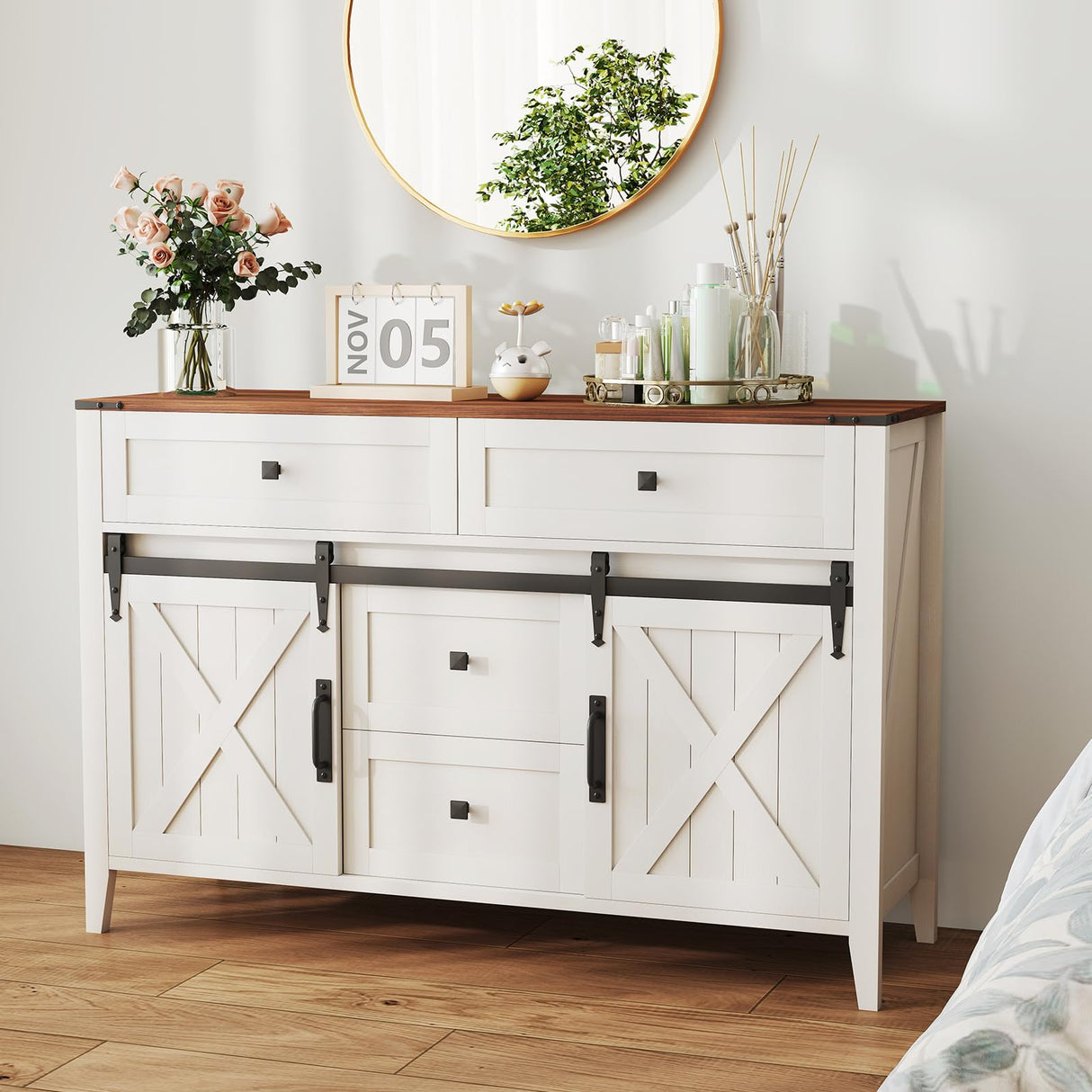 GlouMod Farmhouse Buffet Cabinet with Storage, 47" Sideboard Cabinet with Shelves and Sliding Barn Door, Neoclassical White Dresser for Bedroom, Coffee Bar Buffet for Kitchen, Living Room GlouMod
