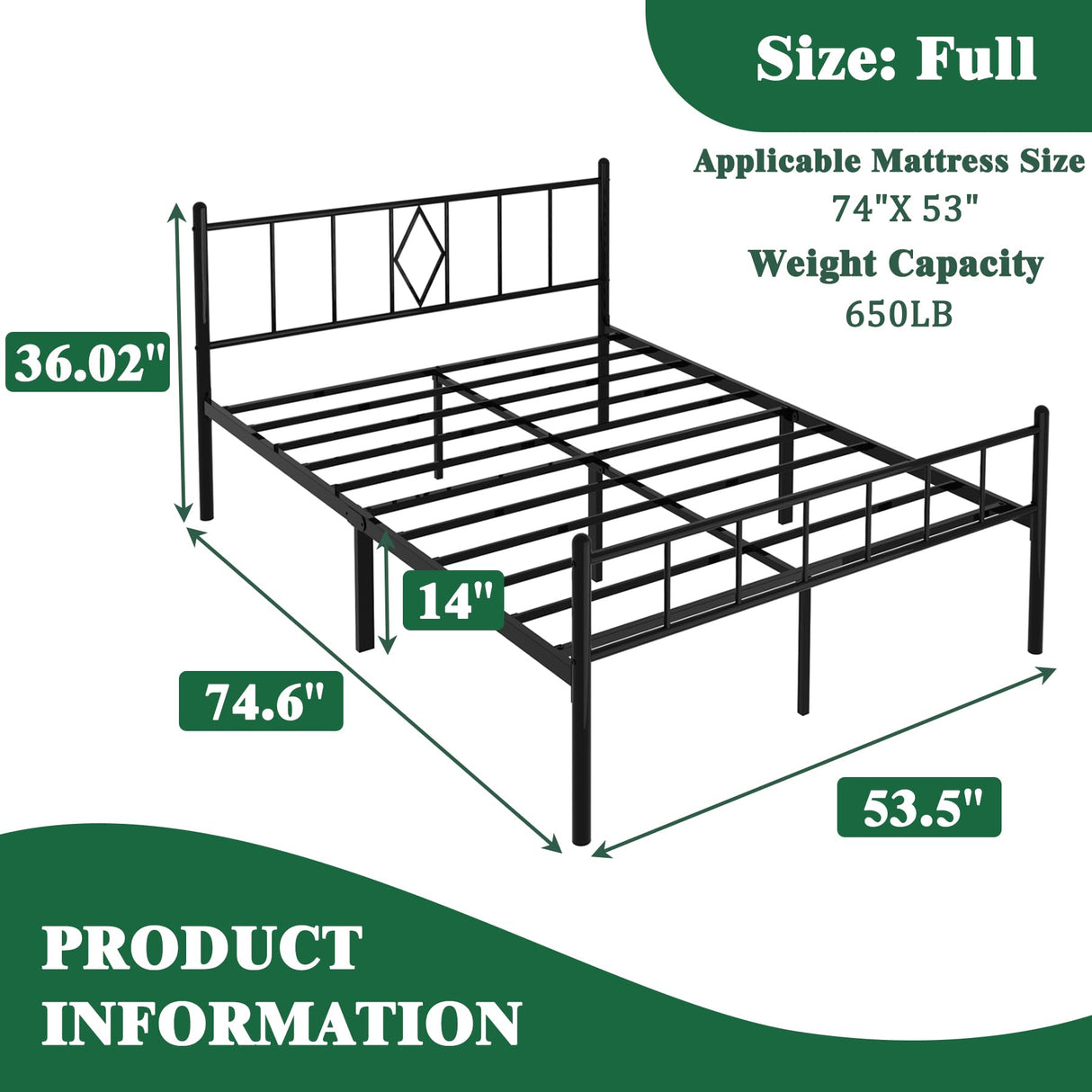 Decorwise 14 Inch Full Size Bed Frames with Headboard/Footboard, Under Bed Storage, Strong Metal Slats Support, No Box Spring Needed, Noise Free, Easy Assembly, Black Decorwise