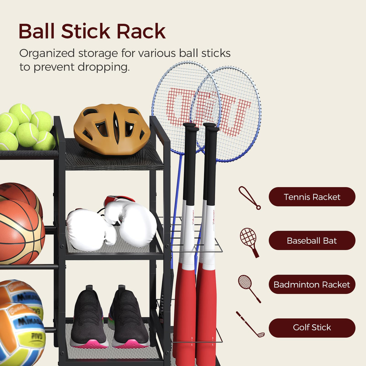 MAHANCRIS Sports Equipment Organizer, 3 Tier Ball Storage Rack with Baseball Bat Holder, Indoor & Outdoor Basketball Racks for Volleyball, Football, Garage Organizer with Sheleves, Black BEHR17301 MAHANCRIS