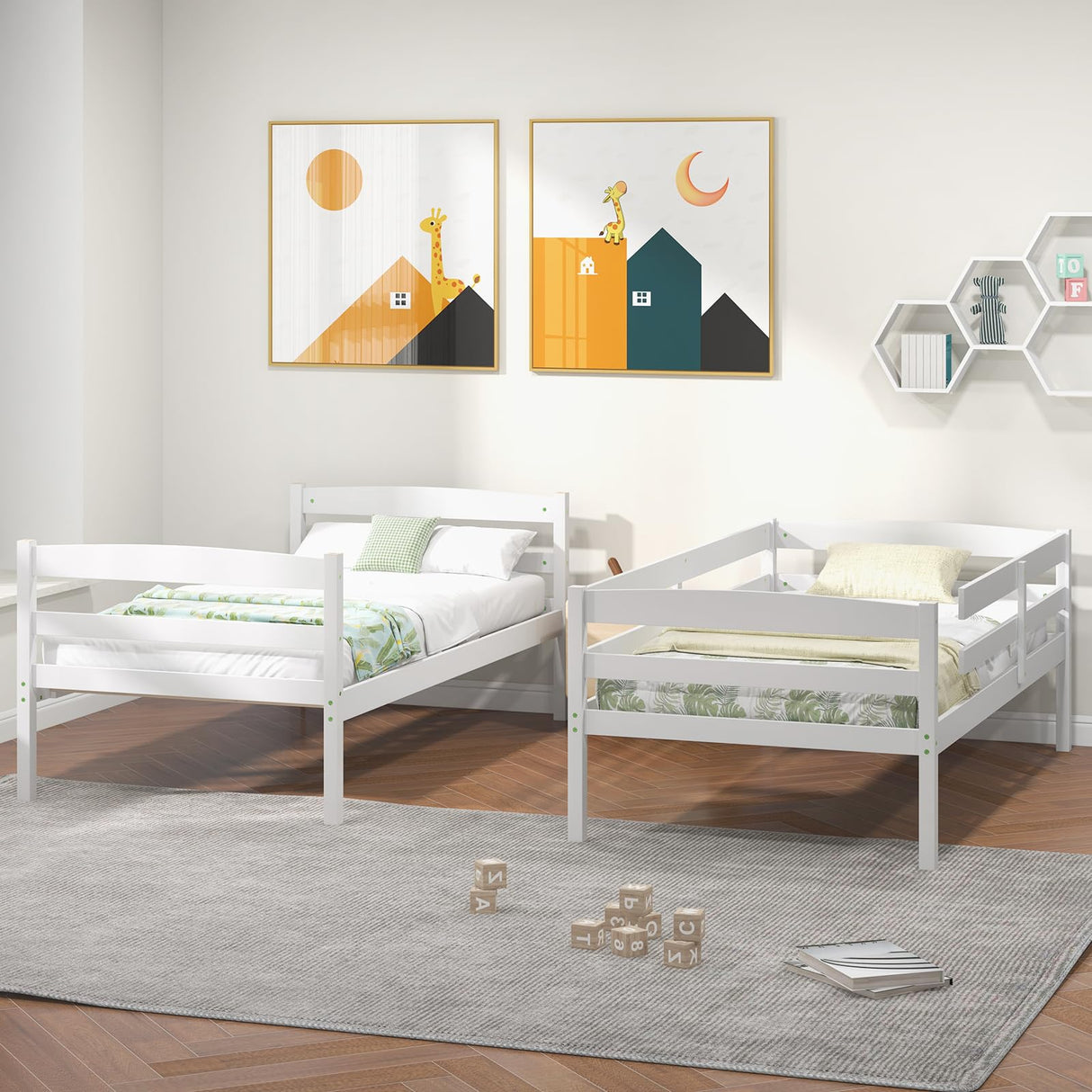 KOMFOTT Twin Over Twin Convertible Bunk Bed with Guardrail and Integrated Ladder - Space-Saving Solid Wood Design KOMFOTT